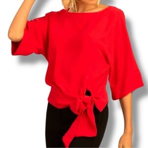 Trina Turk On The Rocks Side Tie Red Blouse Boat Neck Wide Sleeve Waist Cinch S